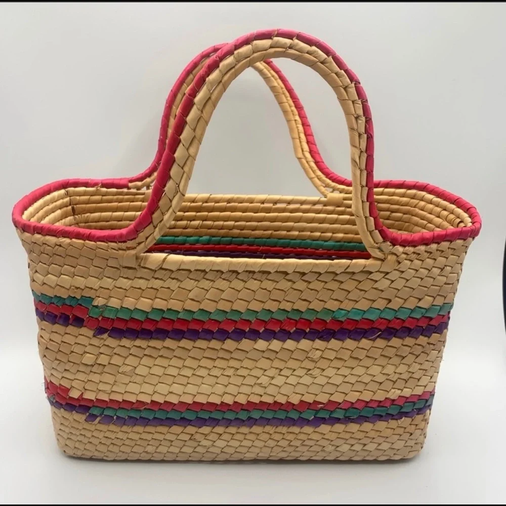 Boho Straw Woven Colorful Striped Handbag Basket Tote